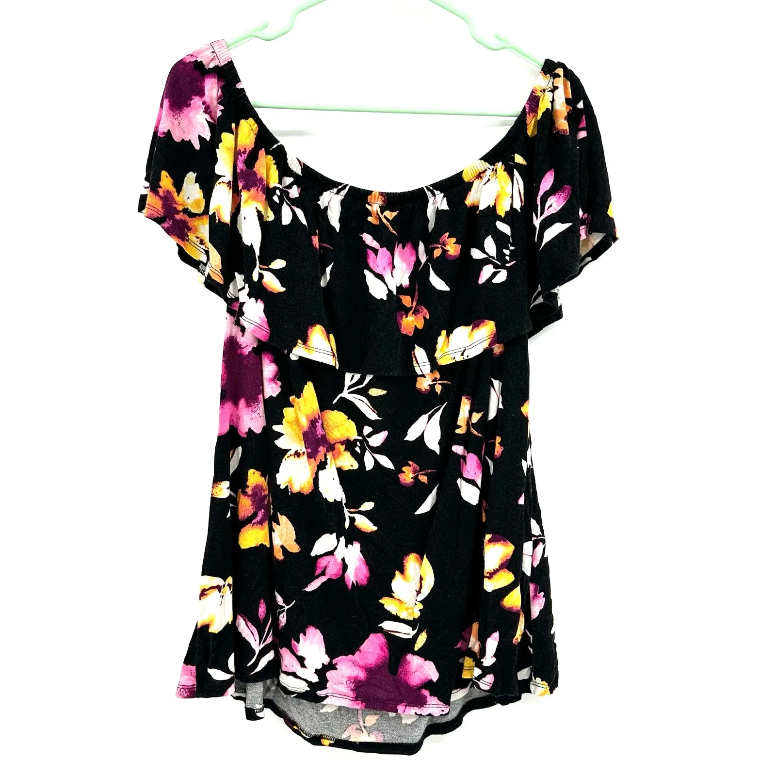 Lane Bryant‎ Size 18/20 Blouse Black Floral Off The Shoulder Loose Short Sleeve - Image 2