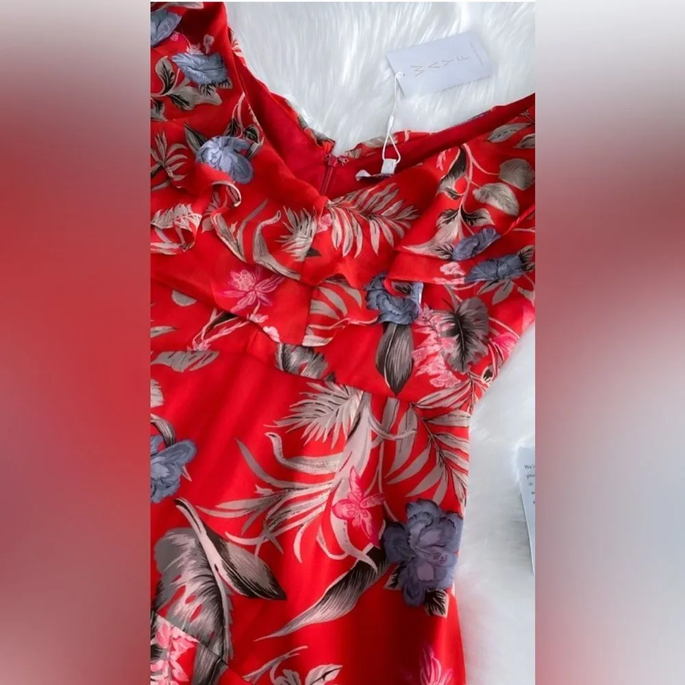 WAYF Chelsea Tiered Ruffle Maxi Dress Red Tropical Flutter Sleeves Floral NEW 1X - Image 10