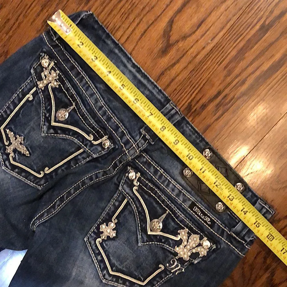 MISS ME Dark Wash Embellished Boot Cut Denim Low Rise Jeans Size 28x31 TAG 28x34 - Image 7