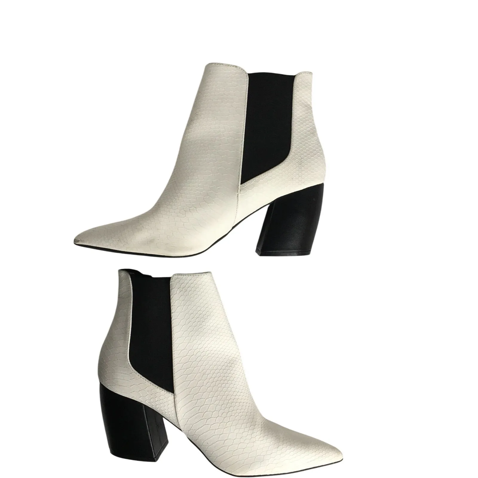 White Faux Snake Print Pointed Toe Block Heel Ankle Boots Women's Size 10 - Image 6