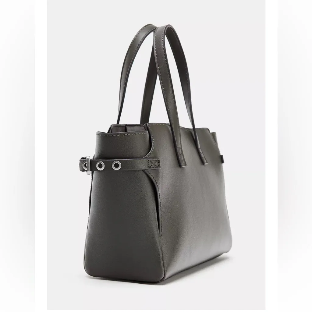 Zara NWT gray top handle faux leather buckle detail handbag purse - Image 6