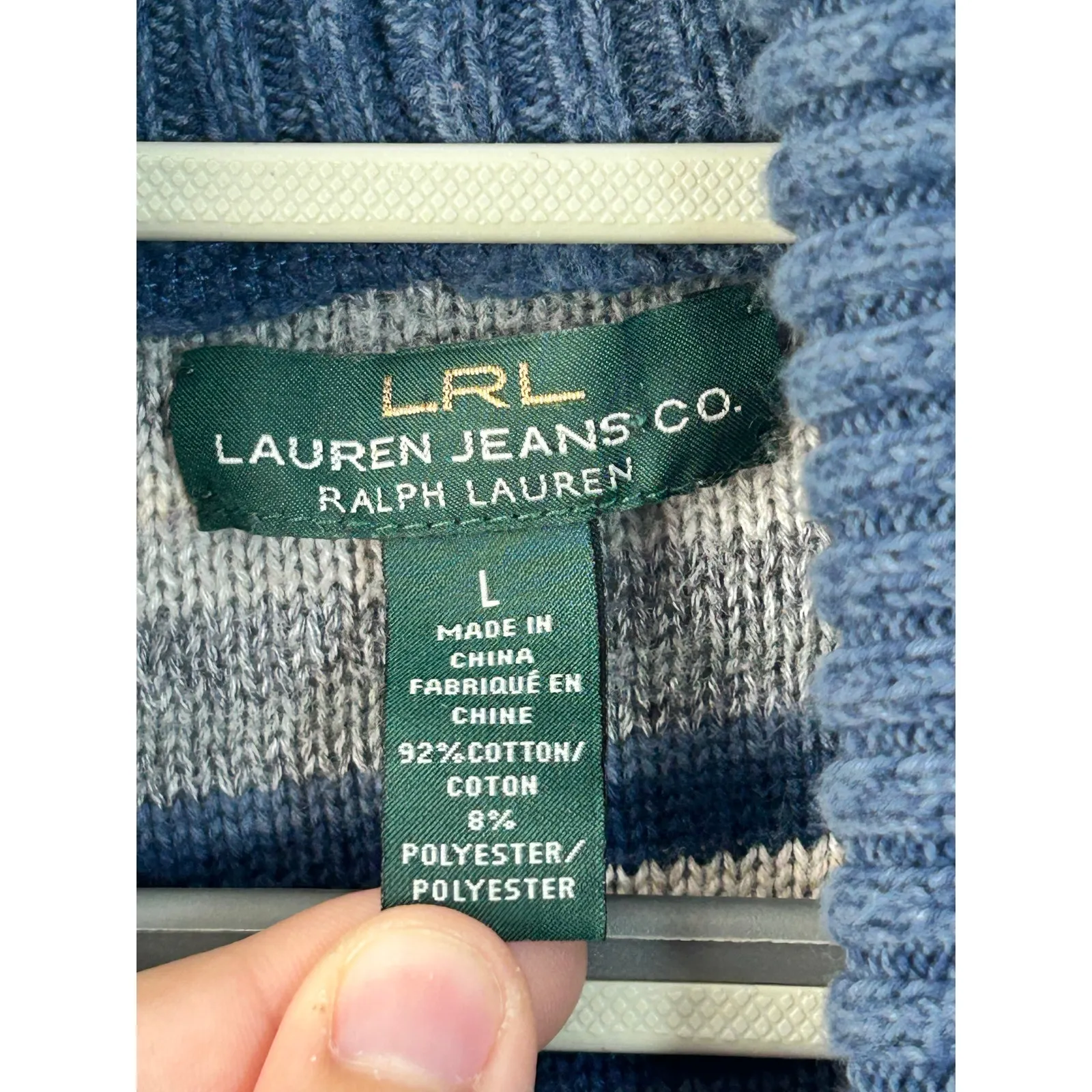 Vintage Lauren Jeans Co Cardigan Sweater Large Blue Red Striped Cabin Core - Image 6