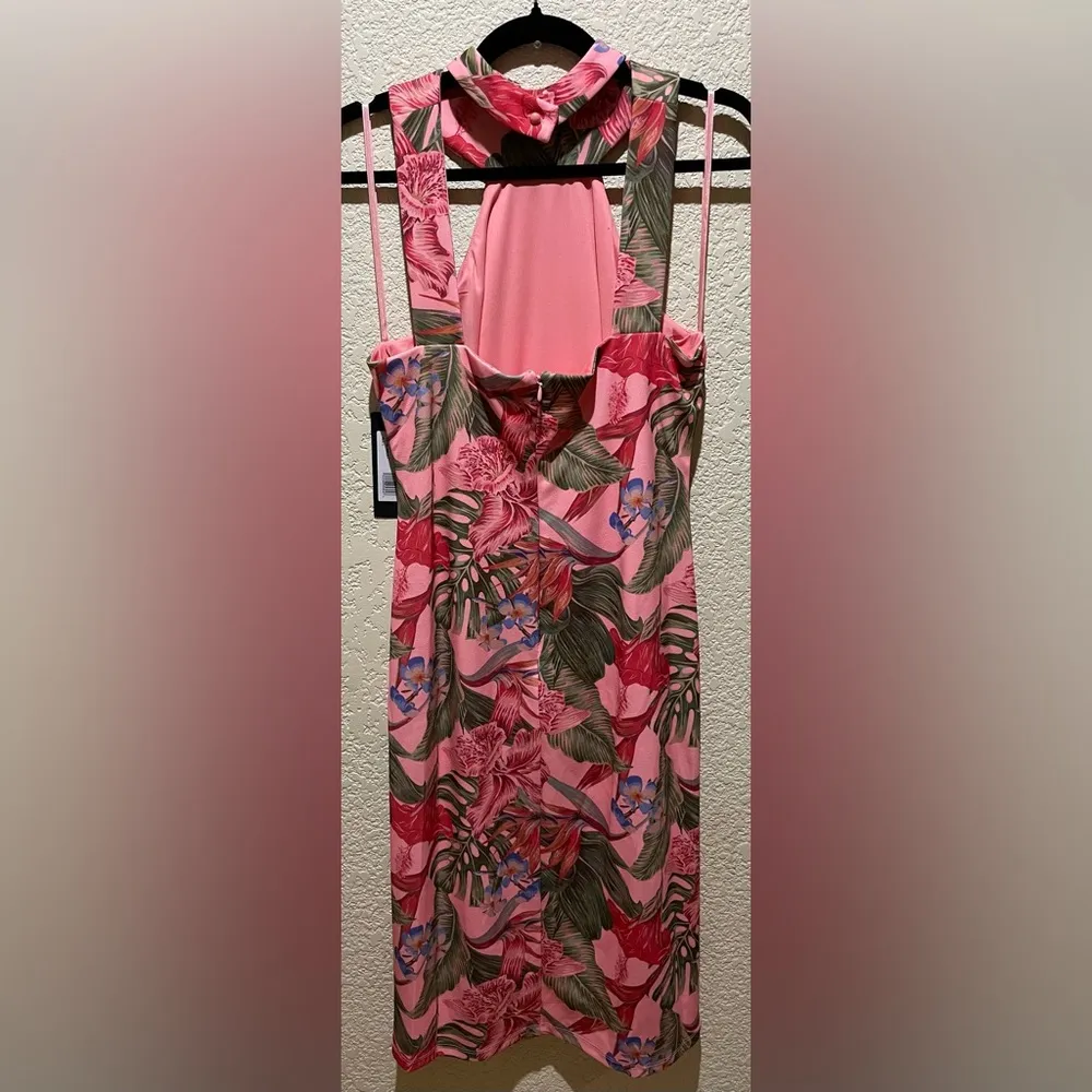 NWT BEBE Bodycon Halter Pink Tropical Dress Size L - Image 8