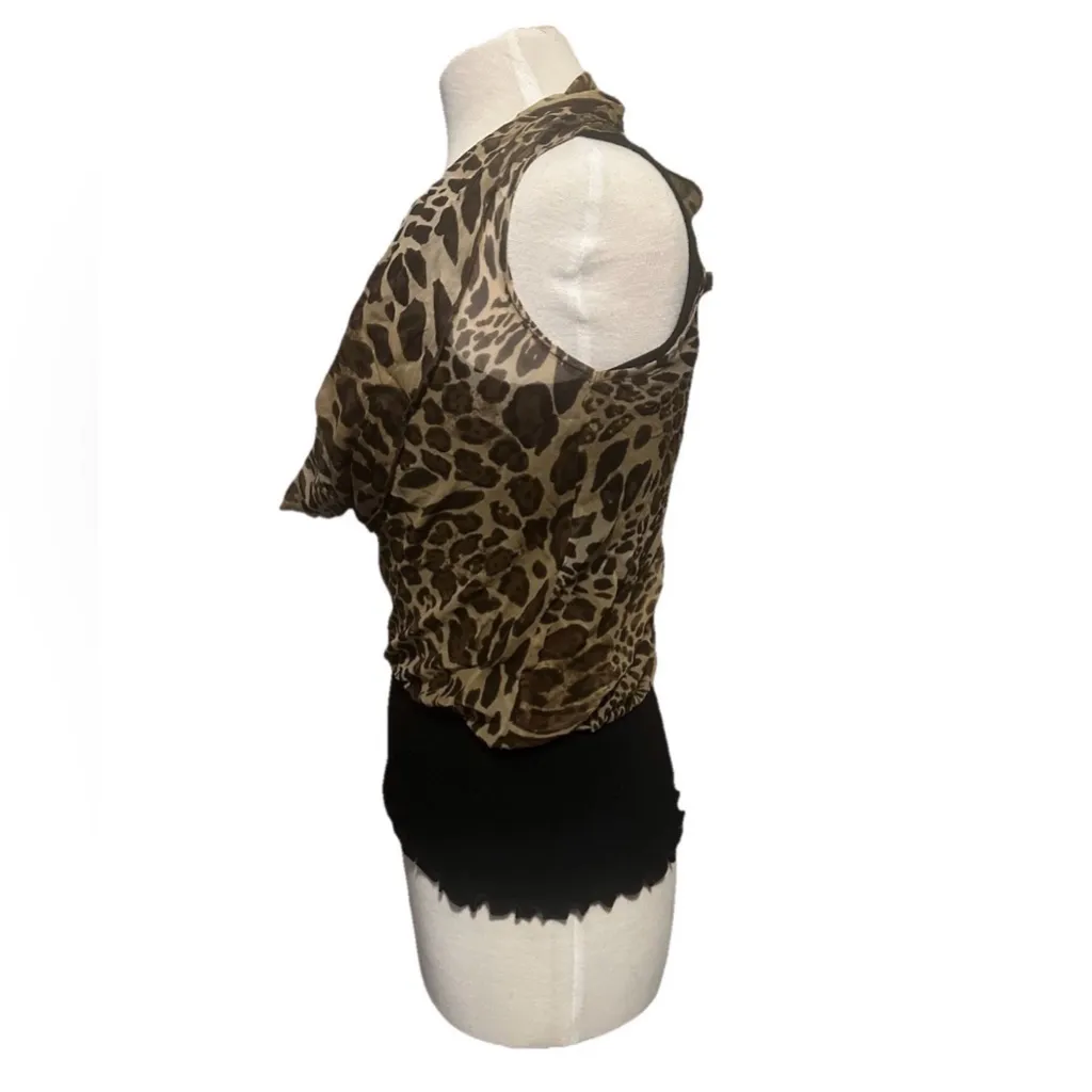 VTG Cache Women’s Cheetah 100% Silk Cowl Neck Sleeveless Lined Smocked Top XS - Image 2
