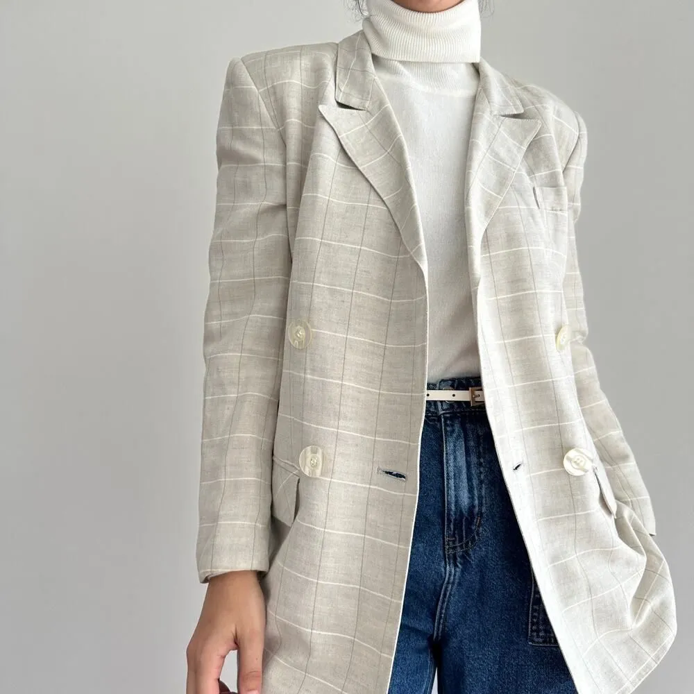 Vintage Linen Blend Jacket Women 6 Plaid Neutral Minimalist Old Money Equestrian - Image 5