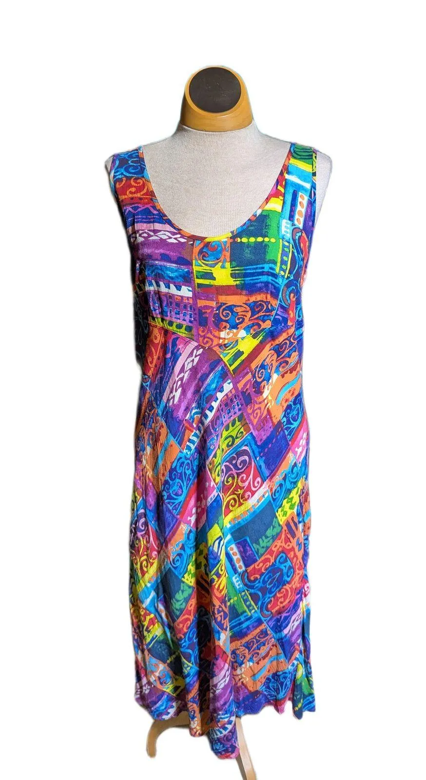 Vtg 1990s Jams World Colorful Geometric Patterned Basque Waist Midi Sun Dress L - Image 2