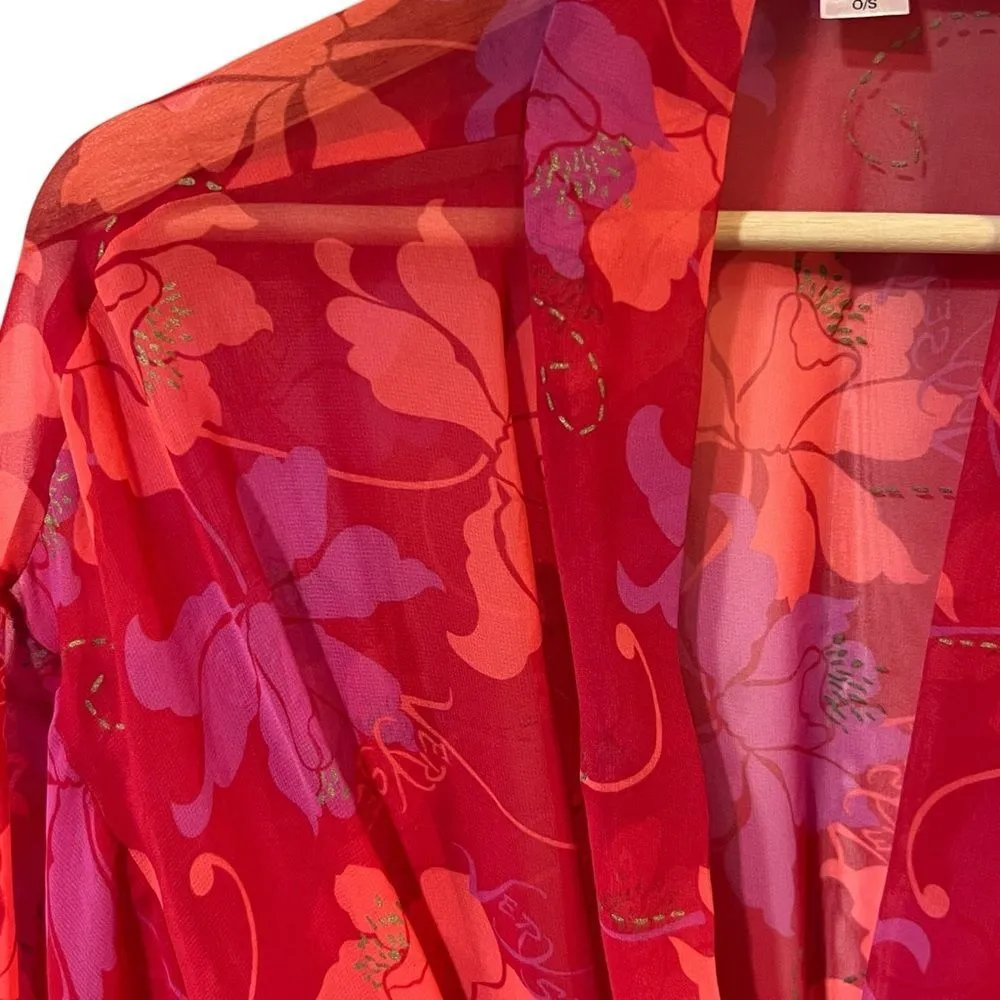 Victoria’s Secret Very Sexy Kimono Robe OS Red Floral Sheer Chiffon Lounge - Image 2