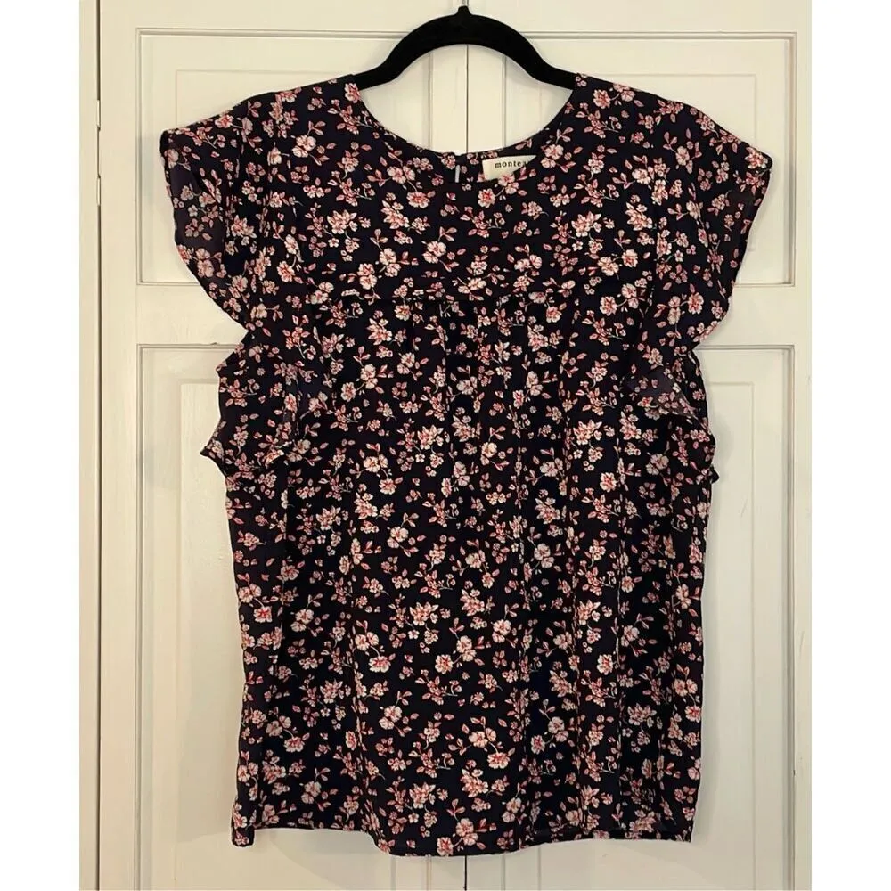 Monteau navy floral ruffle sleeve blouse size medium - Image 2