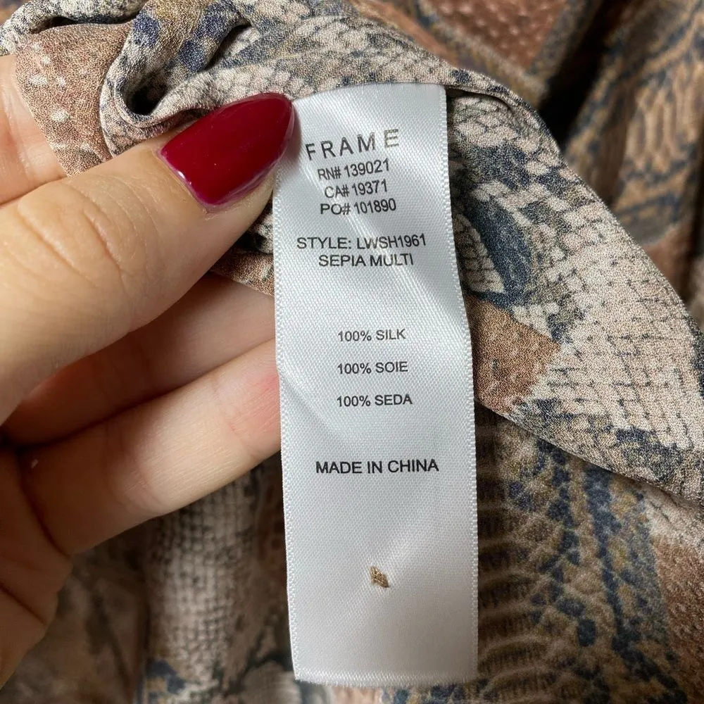 FRAME Willa Snakeskin Print Silk Crepe De Chine Blouse Sepia Multi Brown Large - Image 15