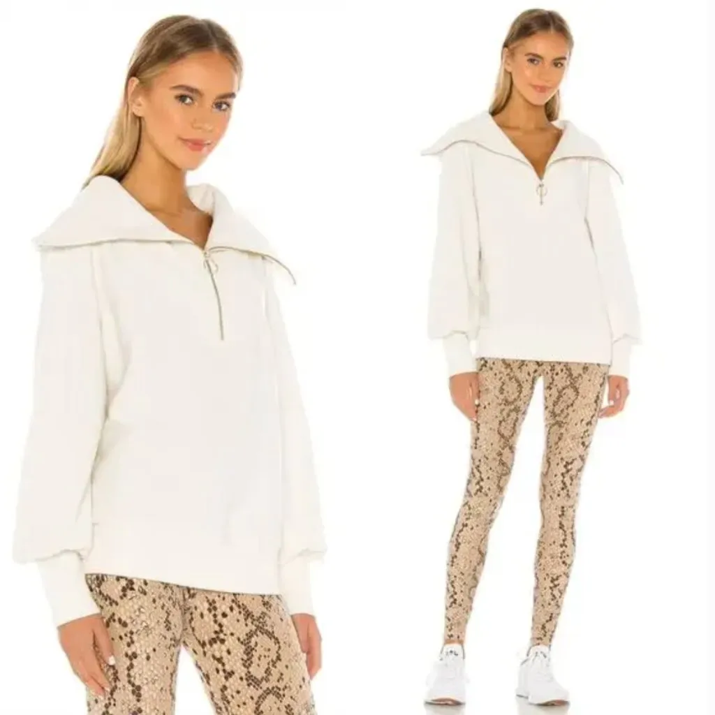 Varley Vine Half Zip  Pullover Ottoman Rib Knit Oversized Spread Collar Ivory - Image 8