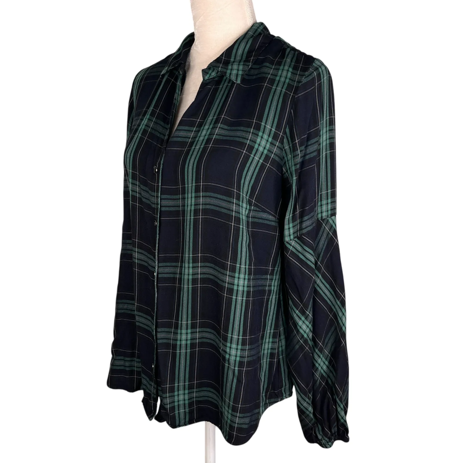 CAbi Big Sur Flannel Button Down Shirt Green Navy Plaid Large - Image 3