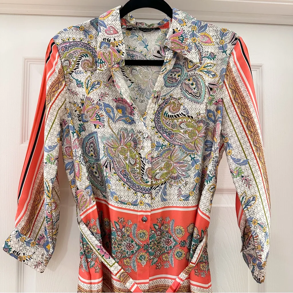 Zara Paisley Tapestry satin Collared Shirt Dress midi Scarf Print Belted Orange - Image 5