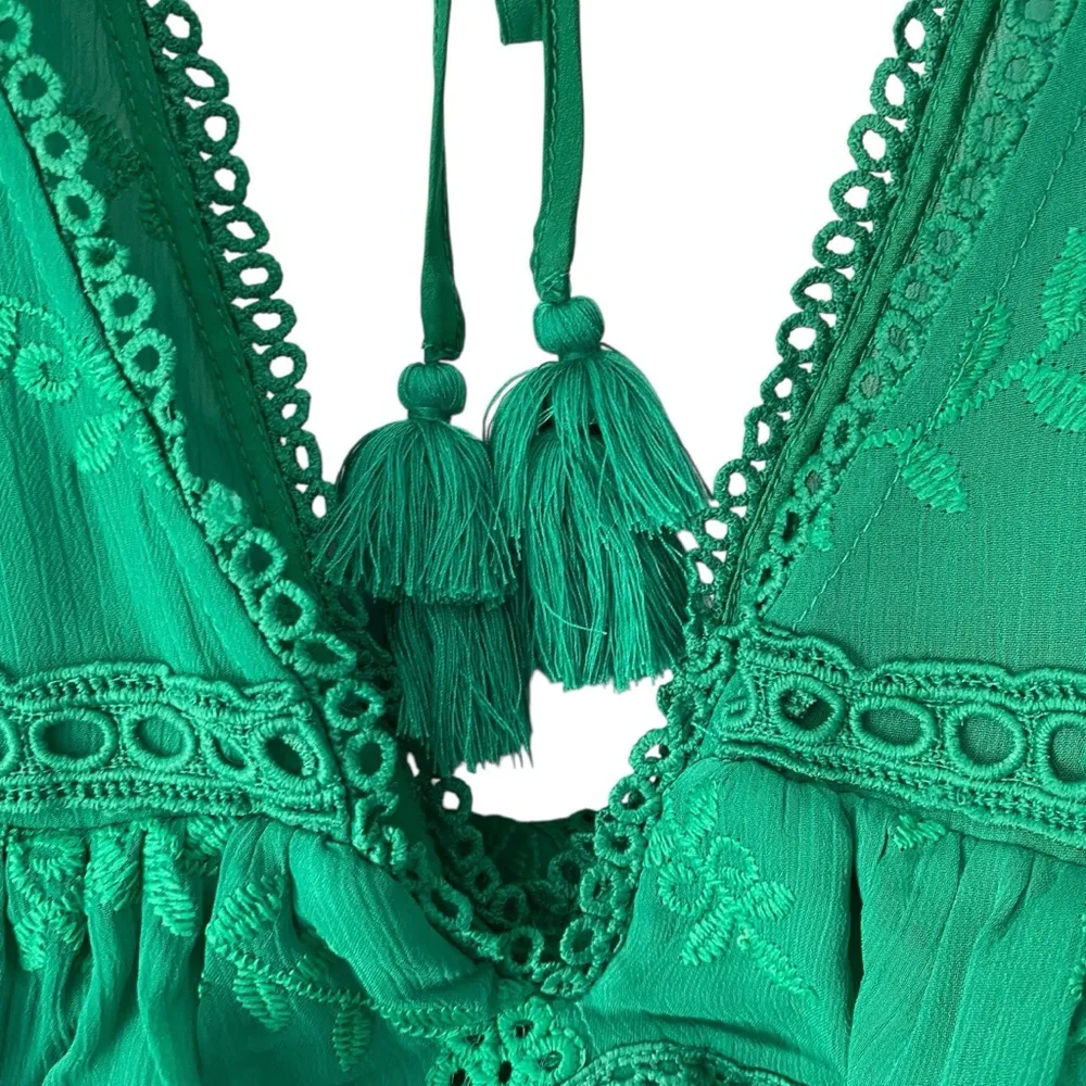 Tularosa A Line Above Green Eyelet Mini Ruffle Dress size small - Image 5