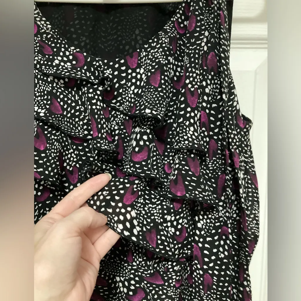 White House Black Market Black Purple Polka Dot Ruffle Sleeveless Blouse - Image 4