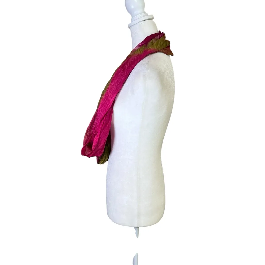VTG Infinity Scarf Shawl Cowl Wrap Fuchsia Olive Green Silky Boho Colorful Chic - Image 4