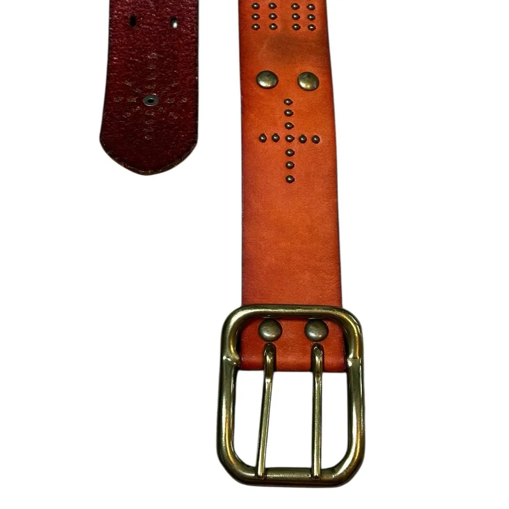 Linea Pelle Womens Leather Belt Handmade Solid Brass Studded Boho Y2K Size S Orange - Image 2