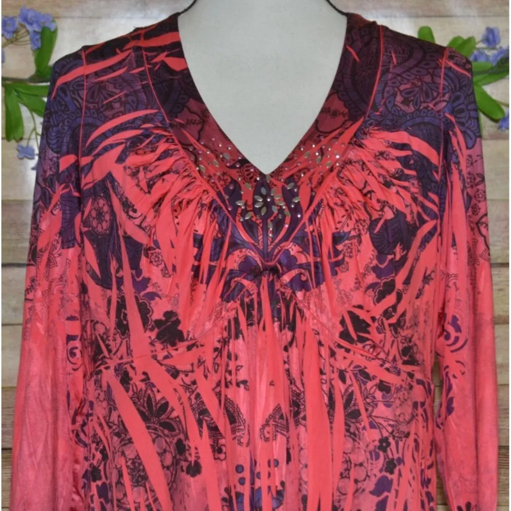 One World Ladies Red 3/4 Sleeve Studded V-Neck Blouse XL Stretch Floral Tunic - Image 2
