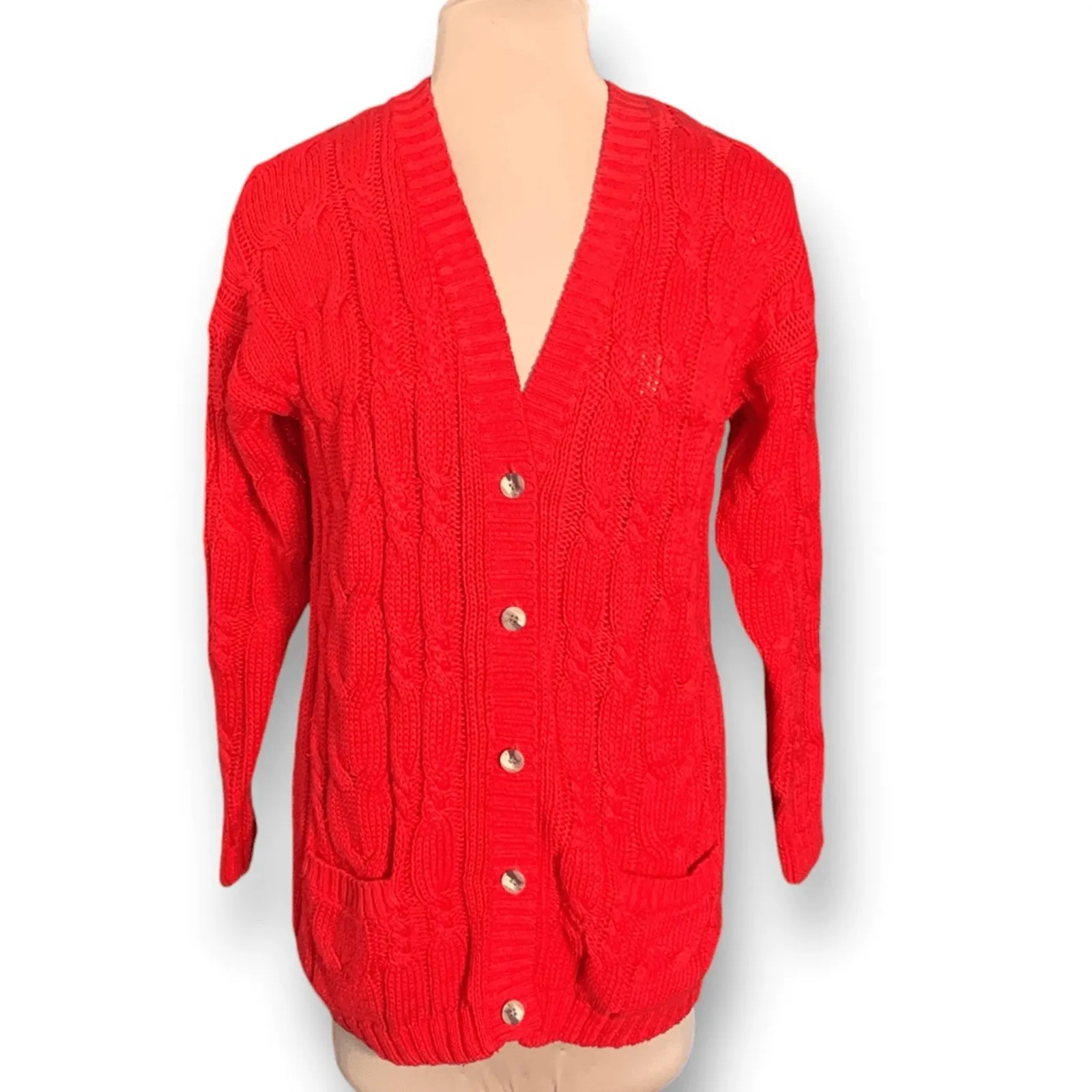 Vintage Copper Key Red Cable Knit Oversized Pocket Cardigan Sweater Grandpa - Image 2