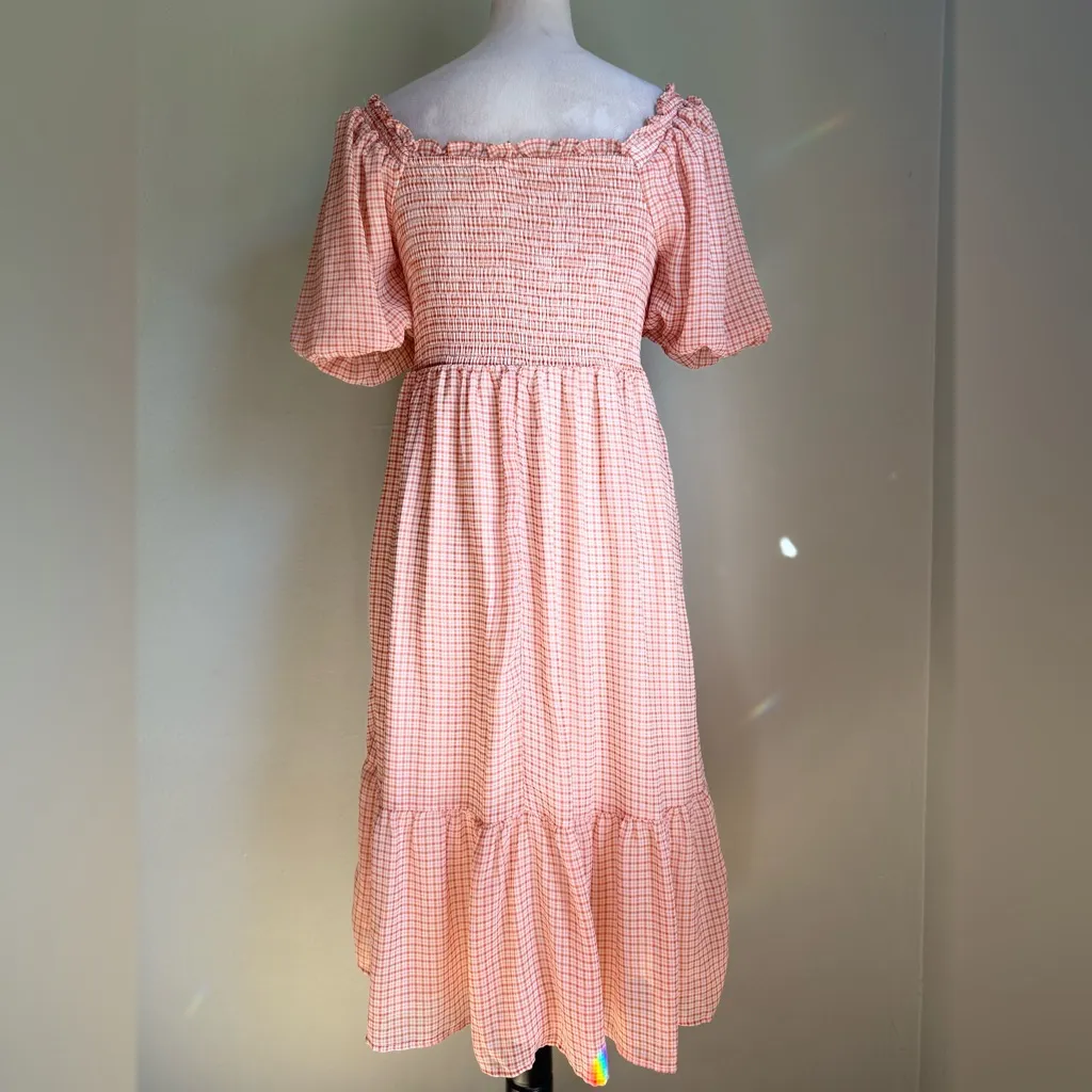 LC Lauren Conrad Peach cream Checkered Off-Shoulder Maxi Dress cottage core‎ boho medium - Image 3