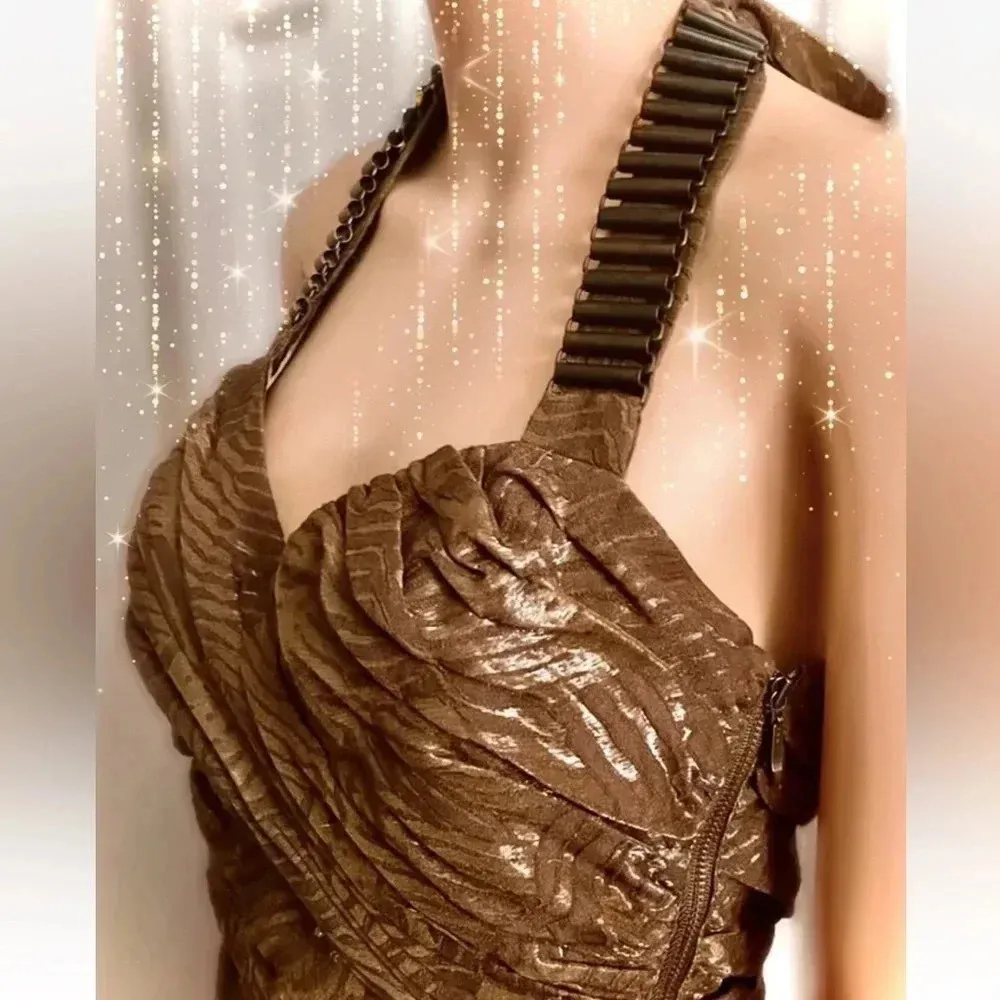 Vintage Bebe Tiger Jacquard Ruched Halter Dress in Dark Metallic Olive Size XXS - Image 3