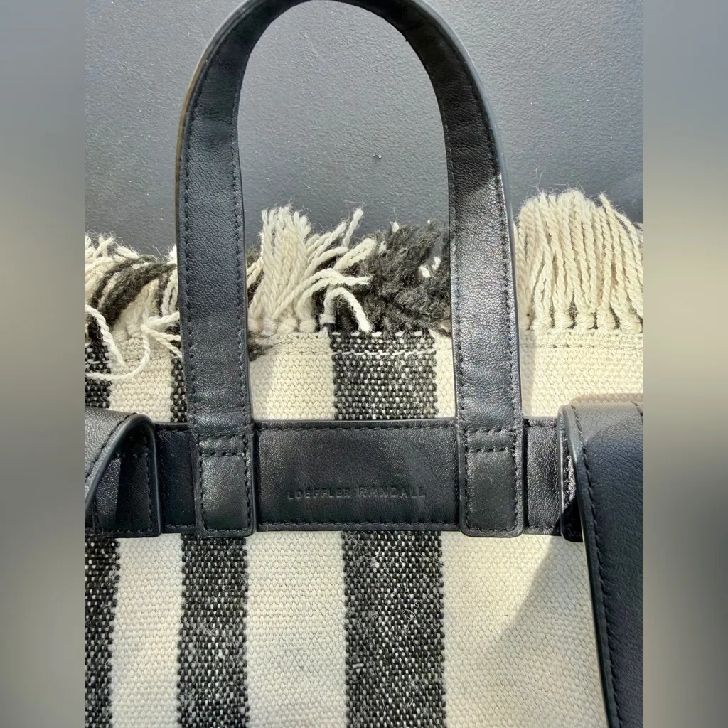 Loeffler Randall black and cream striped canvas and leather bucket bag backpack - Image 6