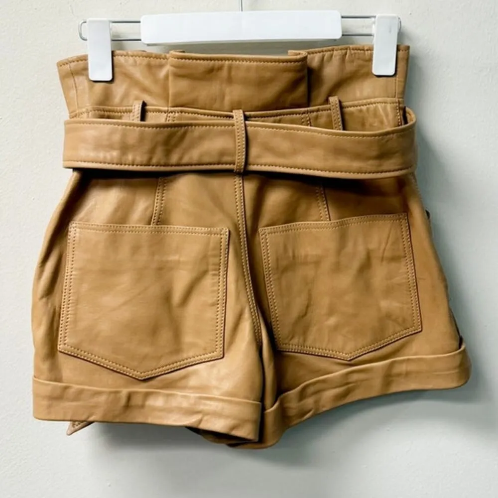 Marissa Webb Dixon Lamb Leather High Waisted Paperbag Shorts Beige Women's 2 - Image 4