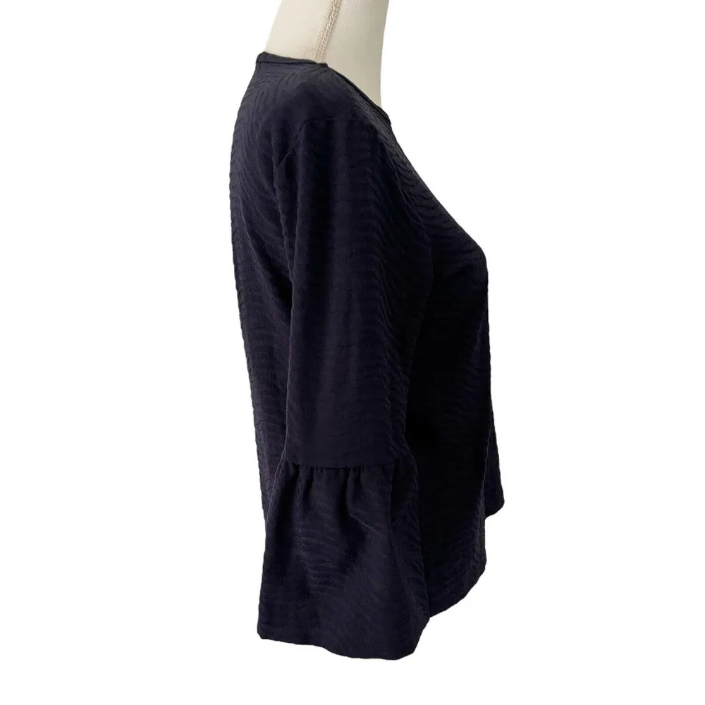 J. Mclaughlin Navy Blue Textured Bell Sleeve Stretchy Pullover Blouse Sizd Small - Image 2
