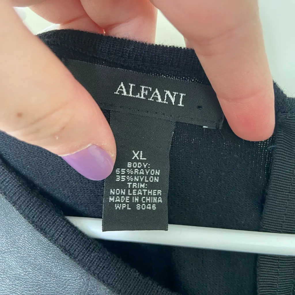 NWOT‎ Alfani women’s faux leather black purple colorblock zip stretch knee dress - Image 3