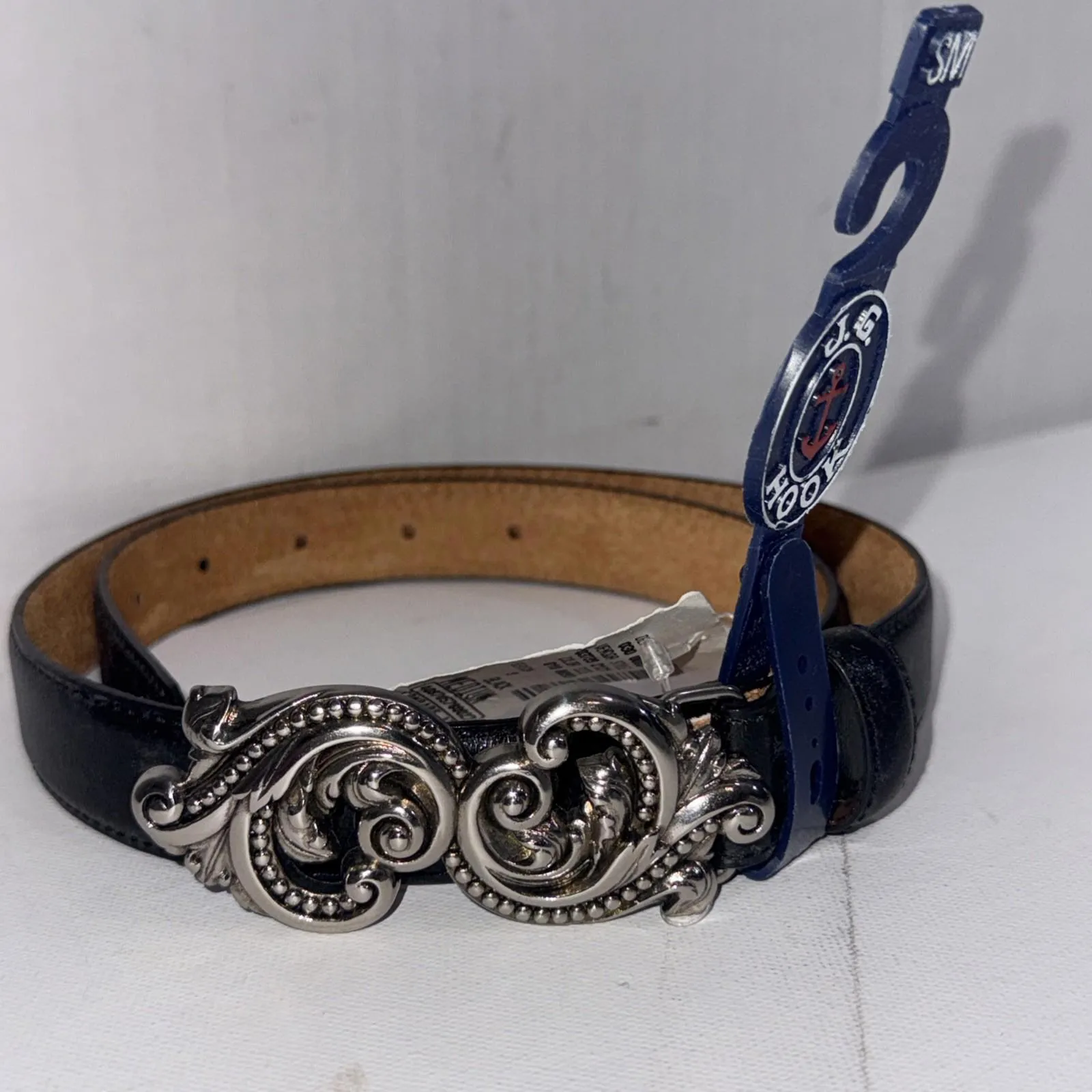 90’s Y2K J. G. Hook BLACK LEATHER SILVER SWIRL WESTERN BUCKLE BELT Small NWT - Image 11