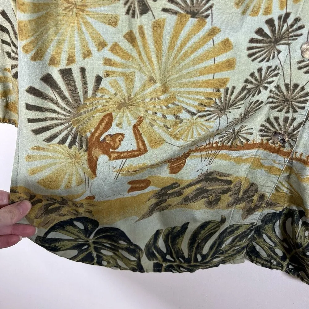 Citron button down Silk Linen tropical hawaii print Women’s Sz Small 3/4 Sleeve Green - Image 5