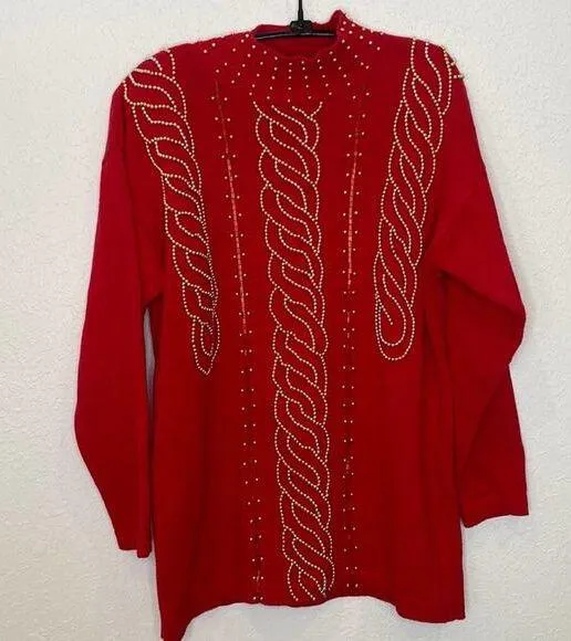 Victoria Jones Vintage 1980’s Mock Neck Oversized Knit Sweater Embellished Sz Sm - Image 1