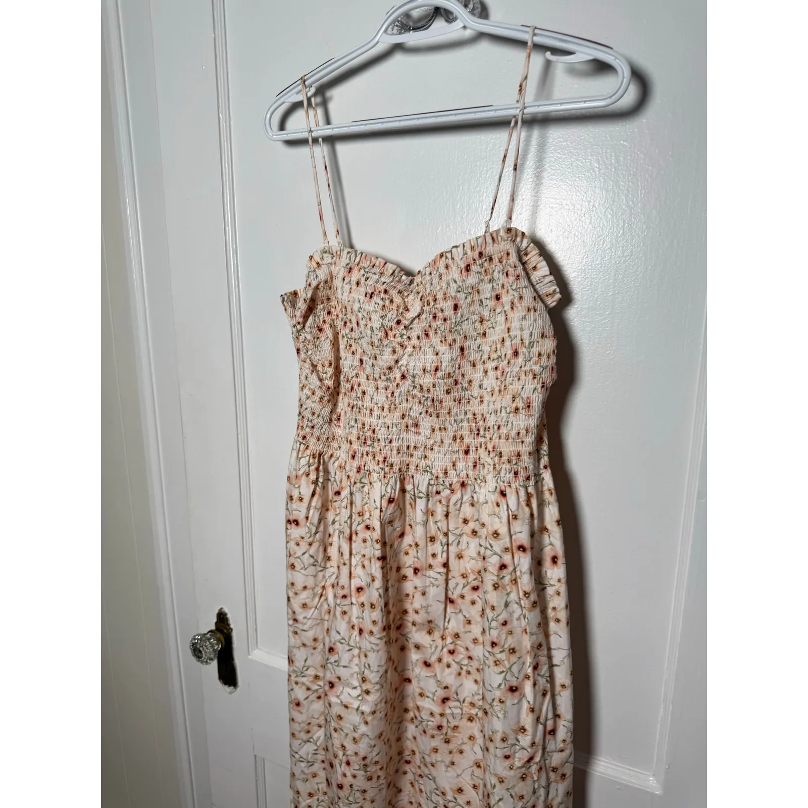 H&M Pink Peach Girly Ditsy Floral Smocked Poplin Midi Sun Dress Women's XL - Image 4