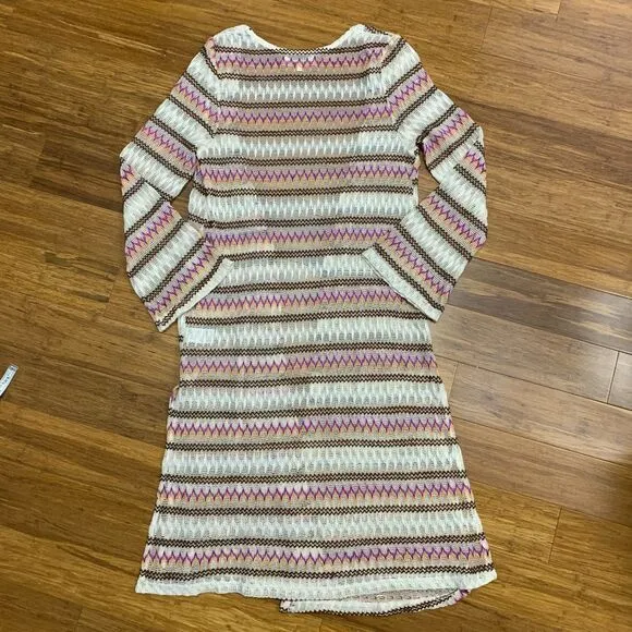 Umgee Cardigan Womens Small White‎ Pink Boho Crochet Knit Long Duster Chevron - Image 4