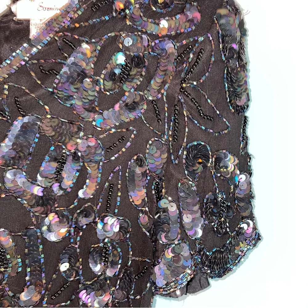 Papell Boutique Vintage Sequined Evening Top Silk Scalloped Hem Petite Medium - Image 4