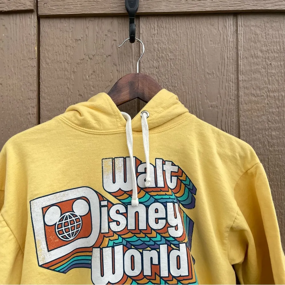 Walt Disney Parks Womens Unisex Sweatshirt Yellow Rainbow Retro Hoodie Small - Image 4