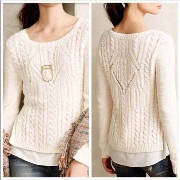 Anthropologie Moth Ella Ivory Layered Crew Neck Cable Knit Pullover Sweater XS - Image 2