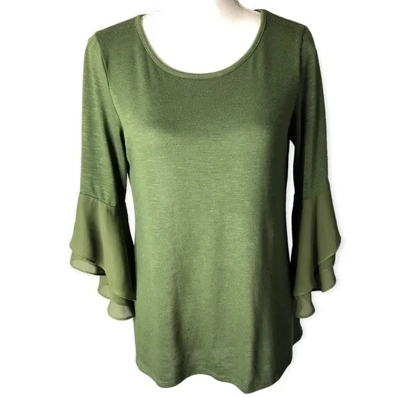 New Directions Olive Green Scoop Neck Pullover 3/4 Bell Sleeve Blouse Size M - Image 5