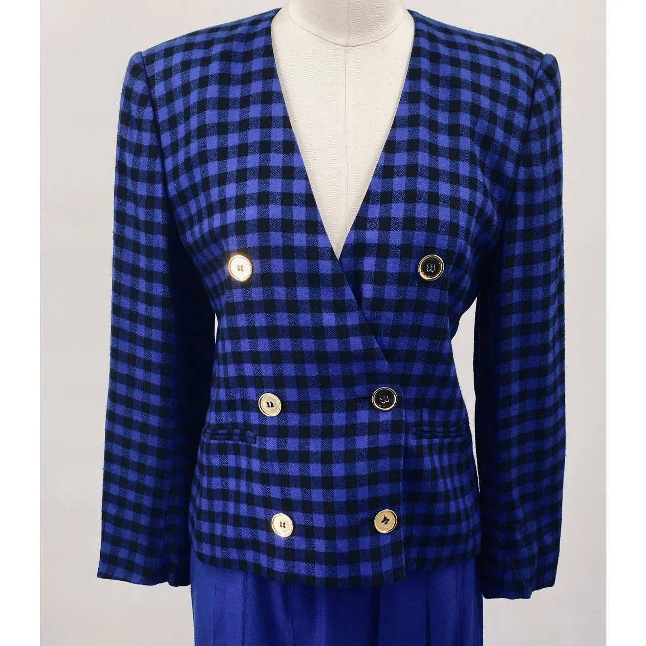Vintage 80s Skirt Suit Set Gingham Plaid Blazer Gold Buttons Cobalt Blue Black 8 - Image 4