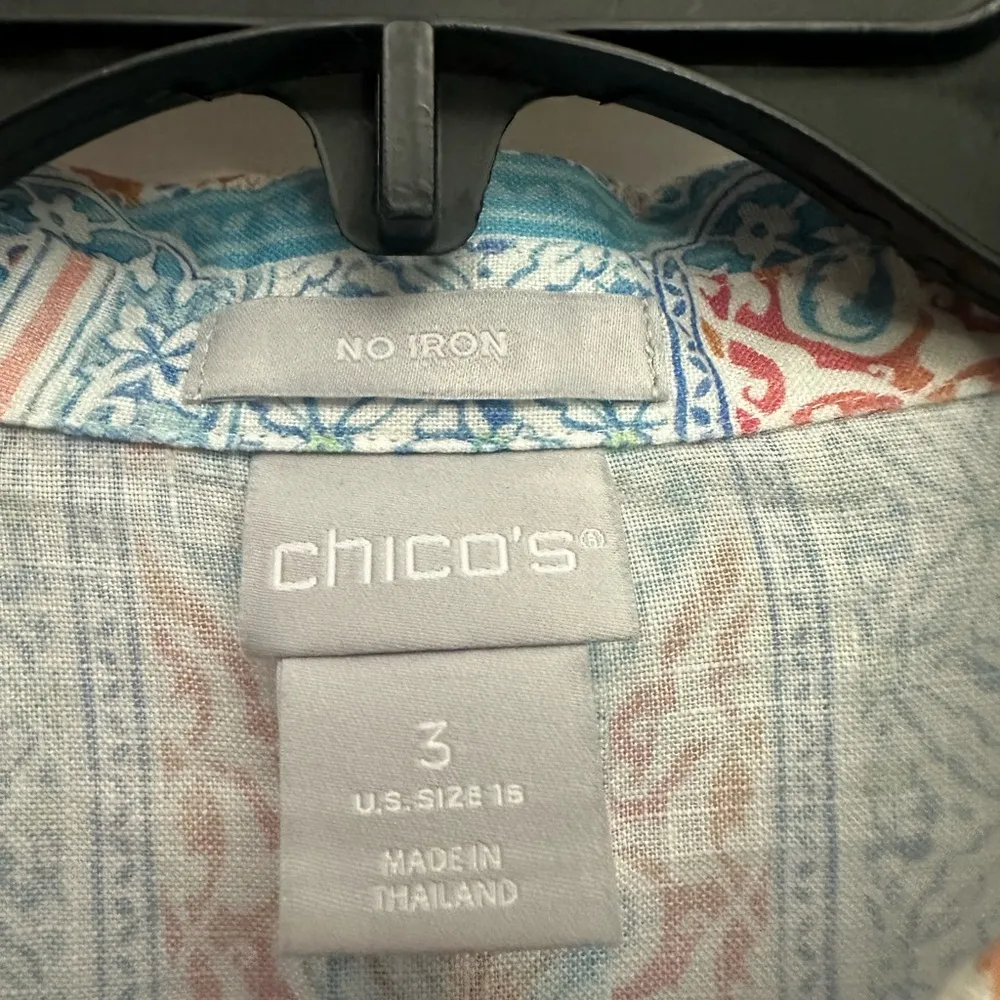 Chicos No Iron Linen Coastal Tile Shirt Size 3 16 Button Up 3/4 Sleeve - Image 4