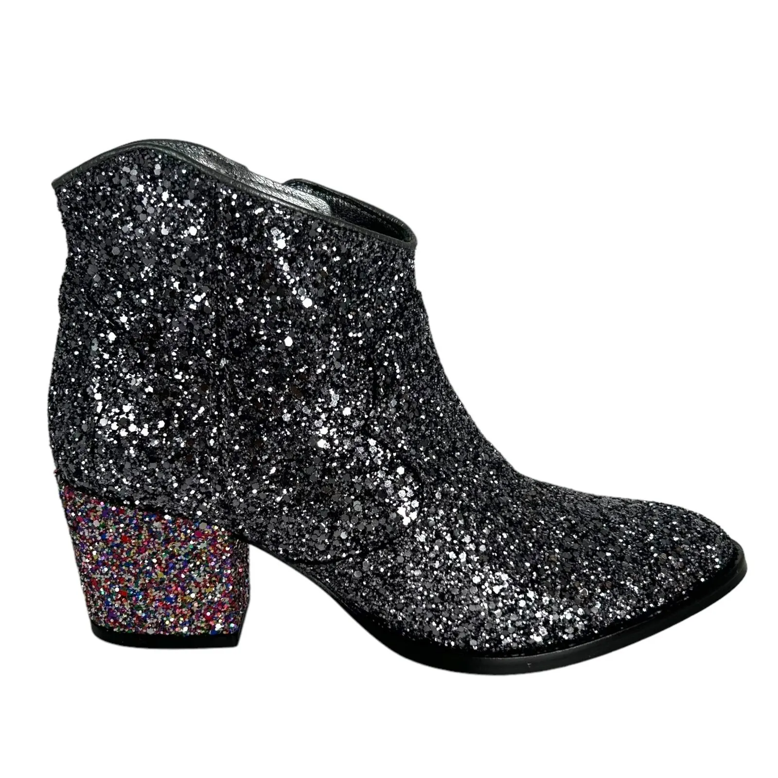 ZADIG & VOLTAIRE Black Glitter Zip Ankle Boot 39 US8 Sparkle Western Chunky Heel - Image 3