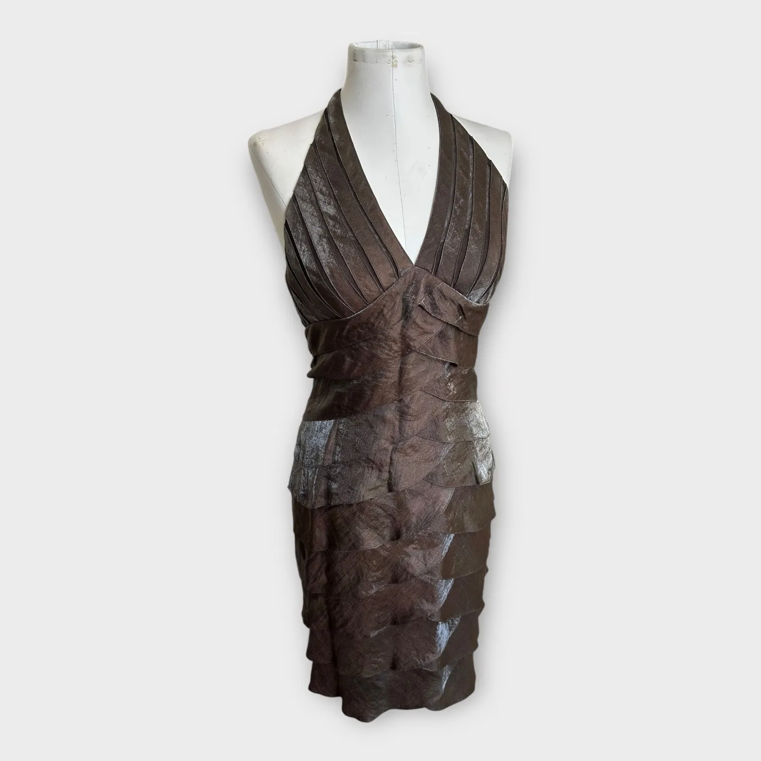 Vintage Y2K Cache Metallic Halter Mini Dress Womens size 6 Bodycon Glam Cocktail - Image 9