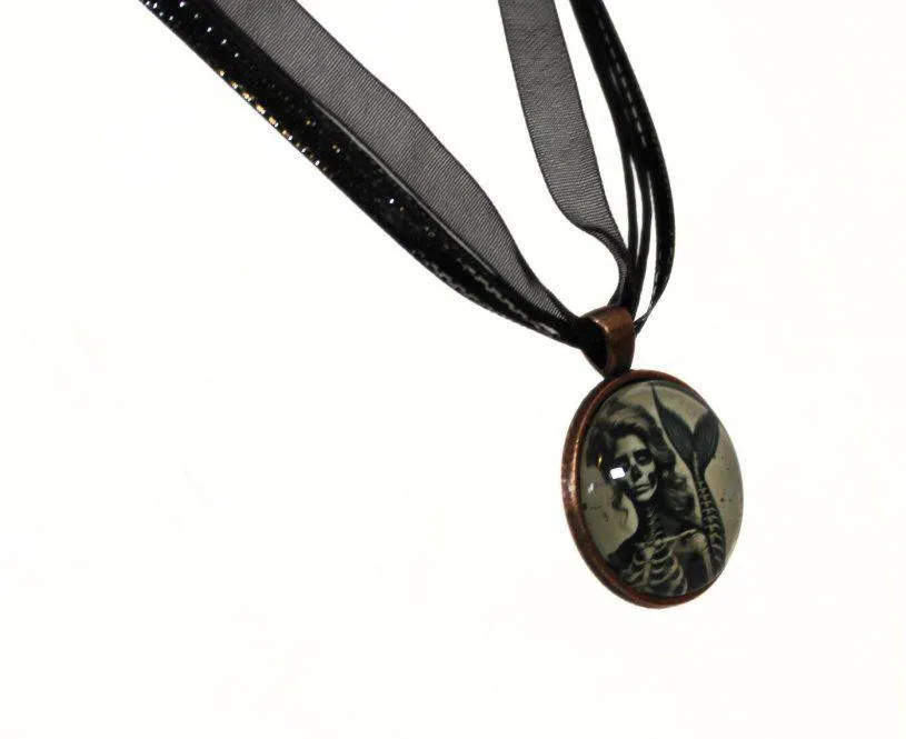 Skeleton Mermaid Gothic Ribbon Necklace – Handmade - Image 4