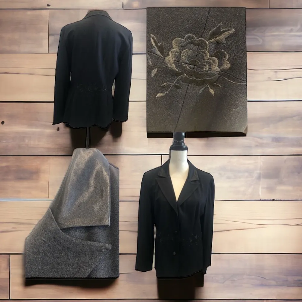 Perceptions Black Rayon Blazer Jacket Floral Embroidered Satin Collar Womens 12 - Image 7