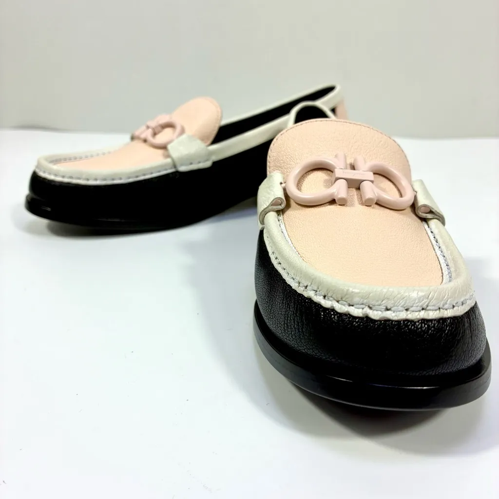 Salvatore Ferragamo Gancini Leather Colorblock Loafers 8.5 Black Pink Ivory NEW - Image 13