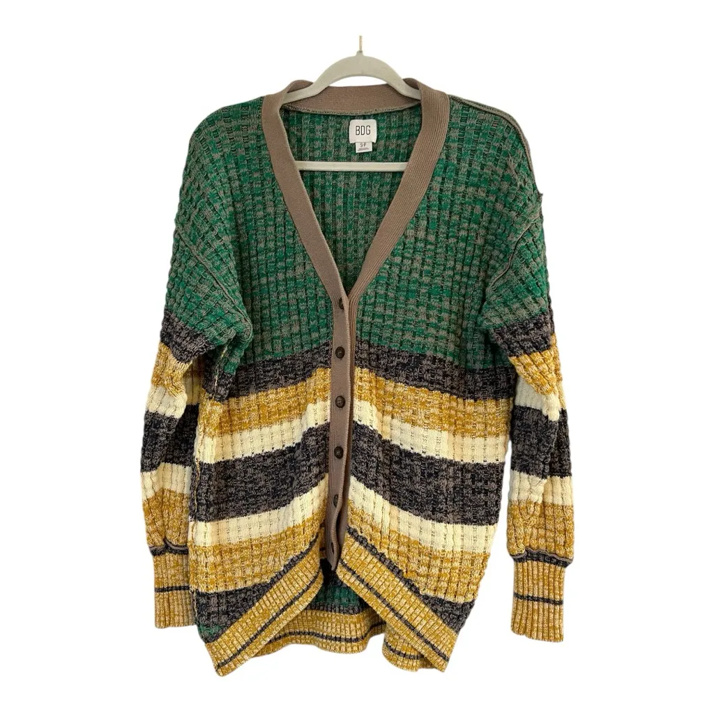 BDG Urban Outfitters Yellow Green Grey Kellan Striped V Neck Cardigan Size Small - Image 4
