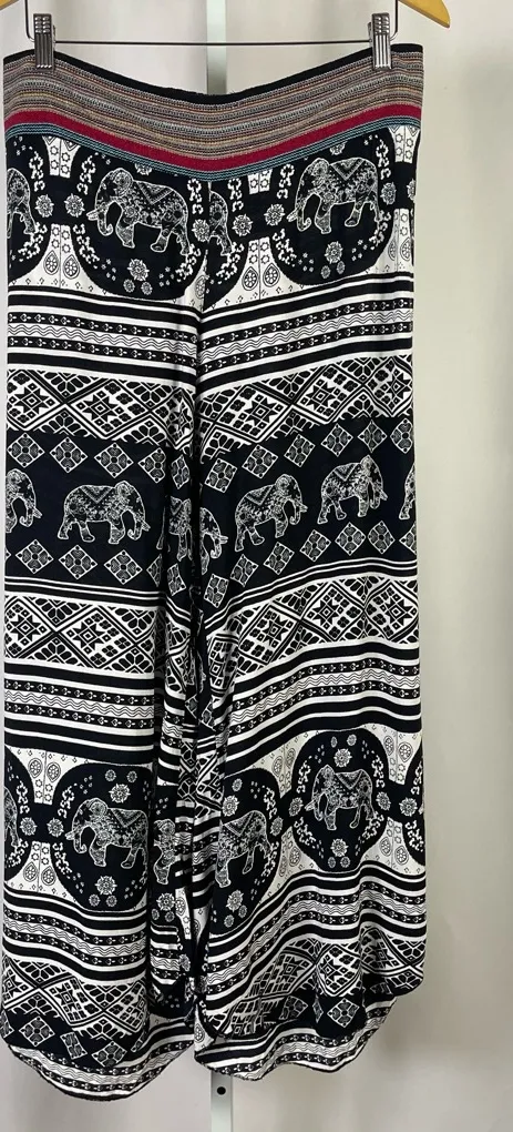 Thread Story Large Chic Elephant Print Wide Leg Palazzo Pants Vacation Boho Black - Image 1