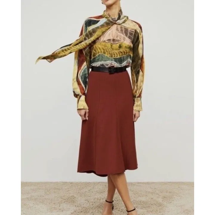 MM Lafleur Melrose 1.0 Skirt Womens 10 Sharkskin Rust Wool Blend Midi Lined New Red - Image 2