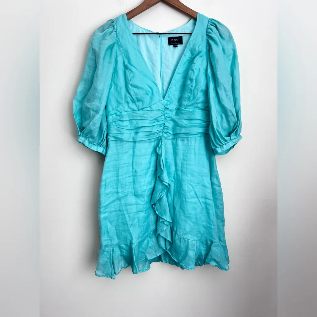 Bardot Aura Puff Sleeve Ruffle Ruched Mini Dress Turquoise Blue babydoll Ramie 8 - Image 2