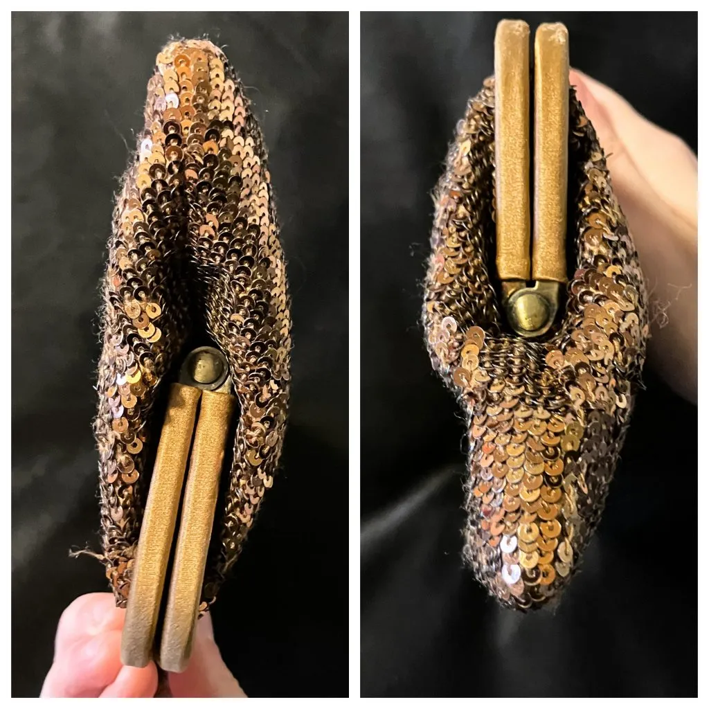 Vintage 90s Franchi Brown Sequin Kiss Lock Clutch Chain Strap Evening Bag Prom - Image 7