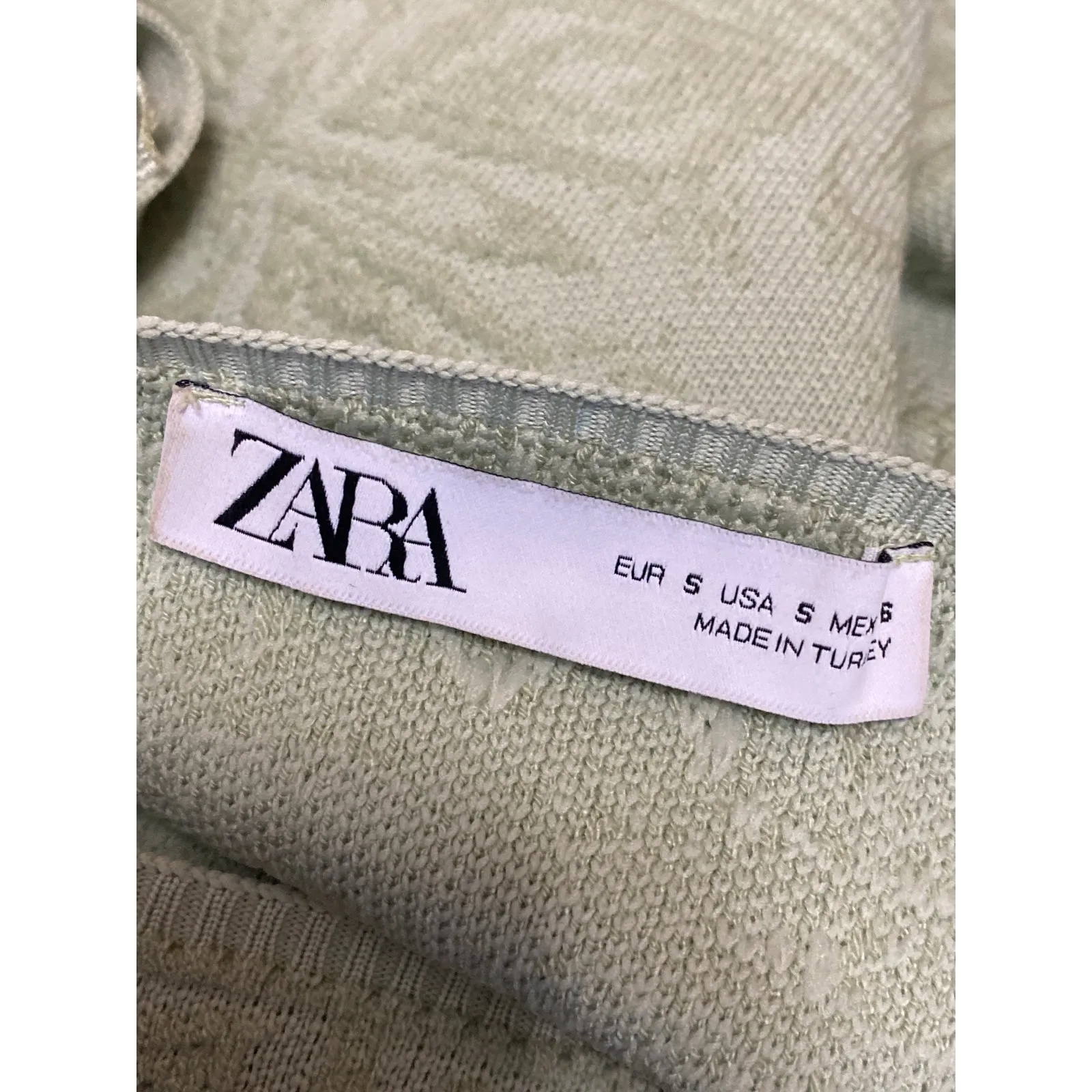 ZARA Light Green Jacquard Knit Short Puff Sleeve Square Neck Crop Blouse Top S - Image 3